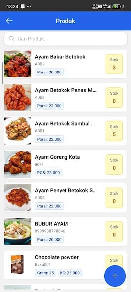 Daftar produk dan stok pada aplikasi KasirQ