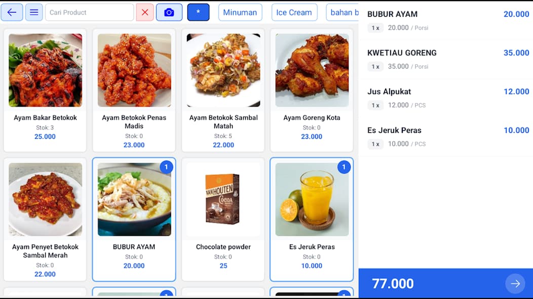 Tampilan transaksi KasirQ pada tablet
